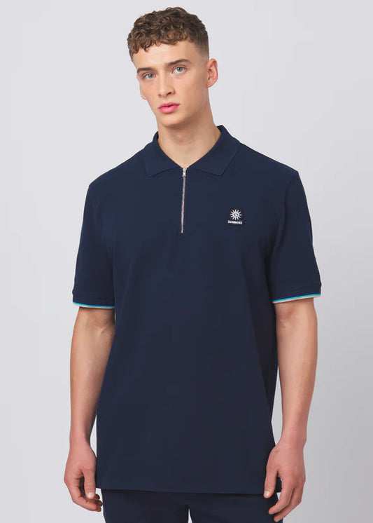 Sandbanks Badge Logo Zip Polo Shirt - Navy