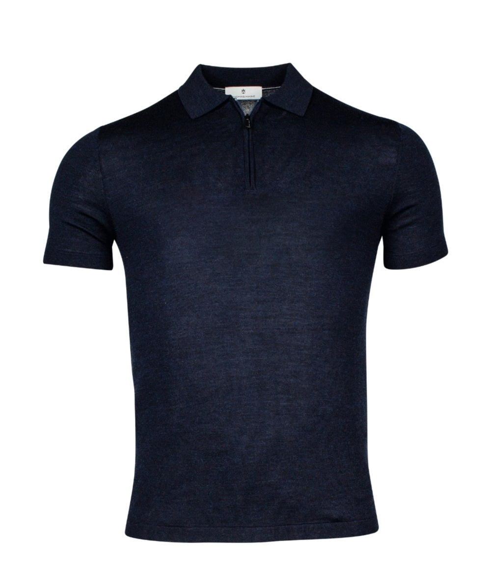 Thomas Maine Fine Merino zip Short Sleeve Polo Shirt